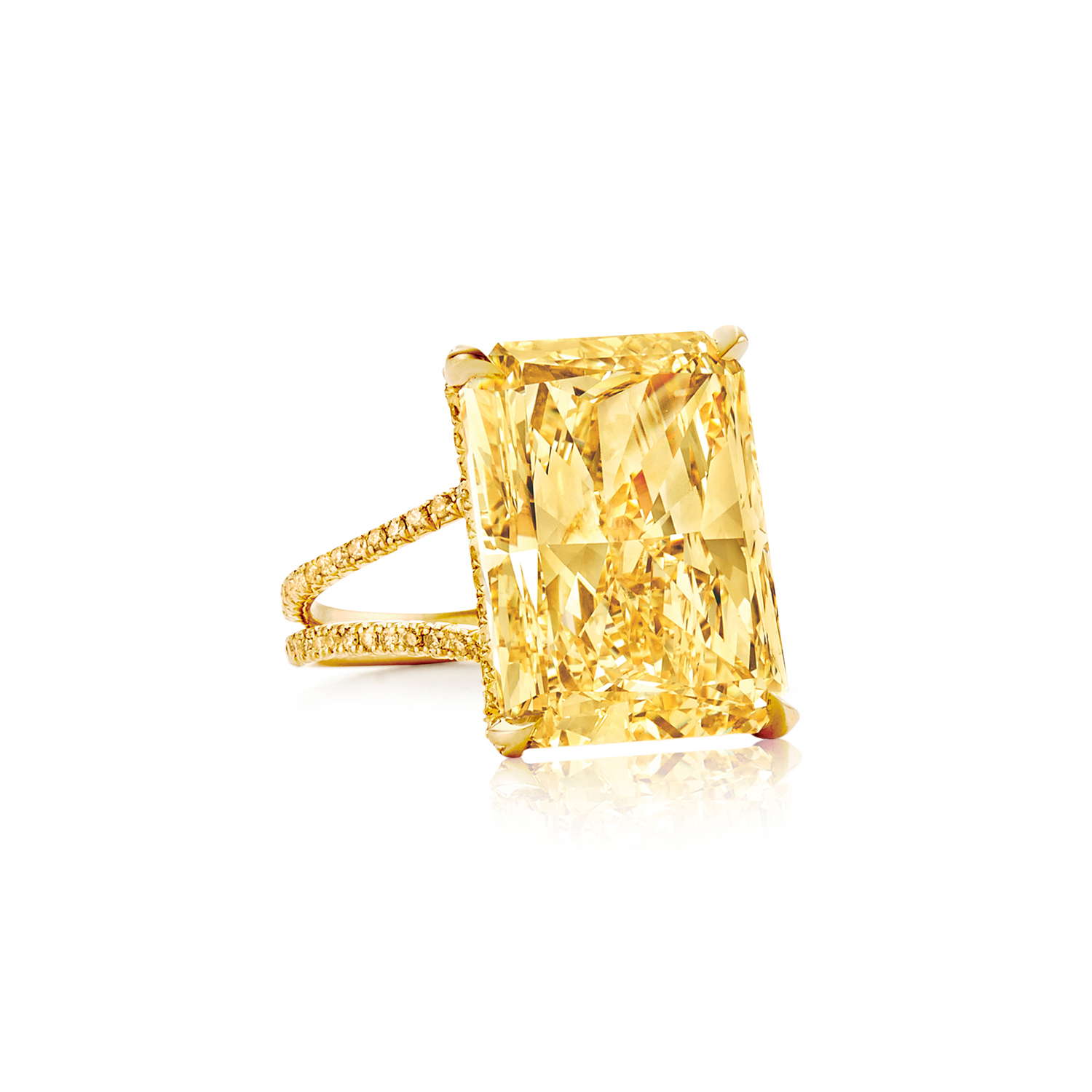 Radiant fancy yellow  diamond  ring  with split yellow  